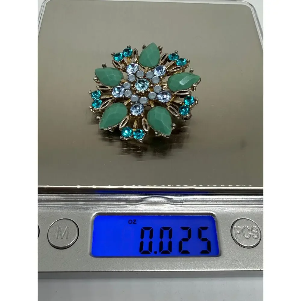 VINTAGE Brooch Pendant Aqua Rhinestone Seafoam Starburst Floral Gold Tone Pin